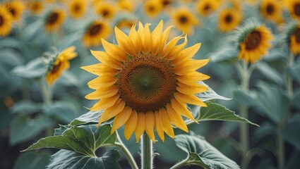 Fototapeta premium close-up of a sunflower in full bloom. The sunflower is in the center of the image, with its bright yellow petals radiating outwards in a star-like shape. The petals are covered in small brown spots