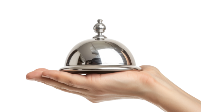 Waiter holding a silver serving tray on transparent background