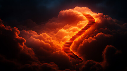 A staircase spiraling into a glowing cloud, symbolizing elevated aspirations, Realistic Photo Professional photography, Warm, soft directional lighting with diffused shadows,