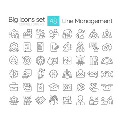 Line management linear icons set. Employees of manufacture and delivery supervision. Business career. Customizable thin line symbols. Isolated vector outline illustrations. Editable stroke