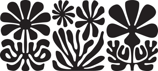 Matisse curves aestethic seamless flower patterns | Groovy abstract flower art set | Botanic vector illustration | Set of groovy abstract botanical floral background in trendy naive retro hippie