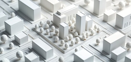 Isometric model of modern city. White buildings, trees form minimalist urban layout. Aerial view shows organized grid structure. Clean lines, simple shapes suggest urban planning. Digital