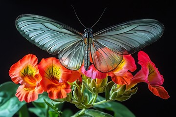 A Brazilian Glasswing, with transparent wings, perched on a vibrant Brazilian snapdragon.