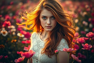 Naklejka premium A beautiful young woman with flowing hair stands in a colorful field of flowers during sunset, exuding beauty and romance with a serene and captivating expression.