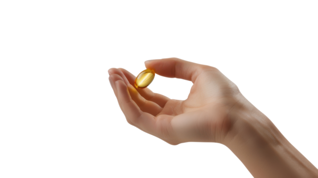 Woman hand holding fish oil pill on transparent background