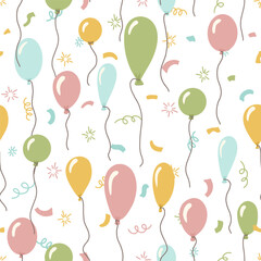 Colorful hand drawn seamless pattern balloons and festive birthday confetti, wrapping paper, textile print vector illustration
