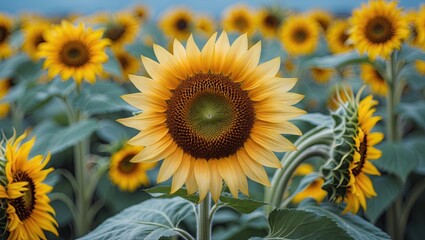 Fototapeta premium close-up of a sunflower in full bloom. The sunflower is in the center of the image, with its bright yellow petals radiating outwards in a star-like shape. The petals are covered in small brown spots