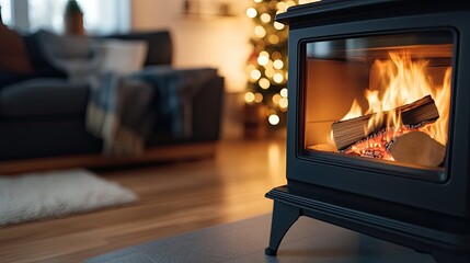 Modern black wood stove radiates warmth with a fire glowing inside, creating a cozy atmosphere in a stylish home interior