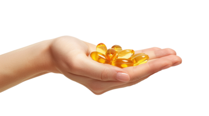 Woman hand holding omega 3 fish oil capsules on transparent background