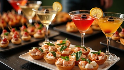 Gourmet appetizers and cocktails at a sophisticated cocktail party. Elegant food presentations. Guests socialize and enjoy luxury drinks. Celebration atmosphere. Memorable events.