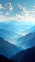 Fototapeta premium Misty blue mountains layered in soft shades of blue. Foggy morning light paints landscape. Silhouette of trees on hillsides. Tranquil, serene panorama. Perfect for nature lovers, seeking calming