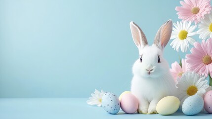 Obraz premium Easter banner with a cute rabbit with colorful eggs on a blue background with pink and white flowers and free space for text 