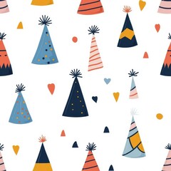 Flat style seamless party hat pattern, minimalist and colorful, isolated on white background