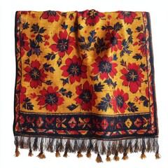 Vibrant Floral Scarf: A Colorful Yellow and Red Accessory with Intricate Patterns and Tassels for Fashion and Styling