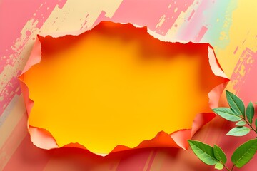 Obraz premium Torn Paper with Vibrant Green Leaves Against Colorful 3D-Rendered Background
