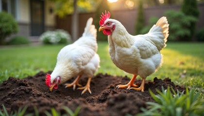 Fototapeta premium Chickens digging in the soil in a garden during daylight 