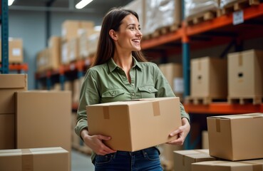 Woman happily prepares shipping orders in warehouse. Holding cardboard box, smiling. Female entrepreneur works in home office, packaging products for online sales. Startup business owner packages