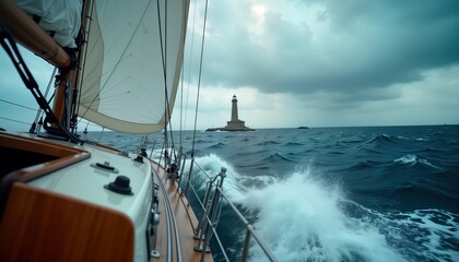 Obraz premium Sailboat navigates stormy ocean. Waves crash around sailboat. Lighthouse visible in distance. Ocean scenery. Turbulent water. Sailing adventure. Ocean voyage. Stormy weather conditions. Sea