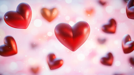 Romantic Floating Red Hearts on a Soft Pink Dreamy Background. A beautiful digital illustration of glossy red hearts gently floating in a soft pink dreamy background with glowing bokeh lights