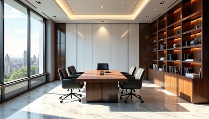 Modern law office with sleek furniture. Large window lets natural light flood spacious room. City view visible from large window. Meeting table, chairs present. Office looks pro, modern. Excellent