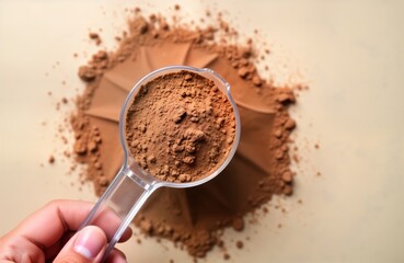 Close-up view of chocolate whey protein powder. Hand holds clear measuring cup filled with powder. Powder scattered around cup. Brown color, texture highlighted. Nutritional supplement ideal for