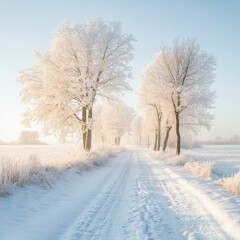 Obraz premium Snowy Landscape: Serene winter road lined with frost-covered trees under a clear blue sky, perfect for winter-themed designs.