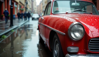 Red classic car parked on wet city street. Water droplets cling to shiny red paint. Urban background with pedestrians walking on sidewalk. Rainy day in old European city. Vintage automobile parked