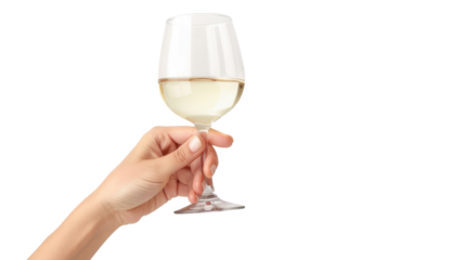Woman hand holding glass of white wine on transparent background