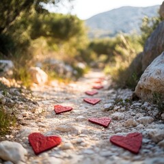Obraz premium Charming Pathway with Red Heart Stones in Natural Landscape; Ideal for Romantic or Nature-themed Projects