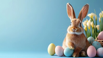 Obraz premium Easter banner with cute bunny with colorful eggs on blue background with space for text