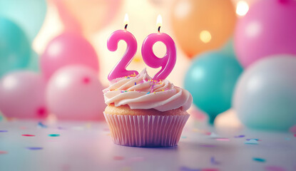 Happy Birthday 29th with a cupcake and candles
