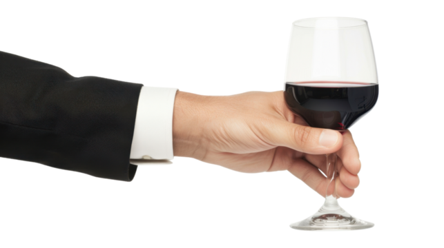 Businessman holding glass of red wine on transparent background