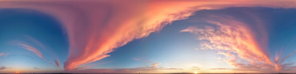 Fototapeta premium Dramatic sunset sky panorama shows bright pink cirrus clouds. Beautiful colors, cloudscape. Evening twilight scene. Seamless 360 degree view perfect for 3D visualization. Aerial drone shot. Stunning