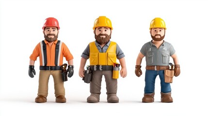 Toy construction worker figurines depicting teamwork with hard hats and safety gear in colorful outfits for imaginative play
