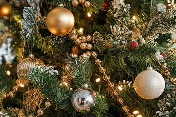 close up of christmas tree decorated with balls