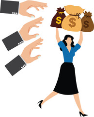 Borrowing money, debt crises, bankruptcies, claims for taxes or debts, countless hands reaching out to businesswomen with bags of money