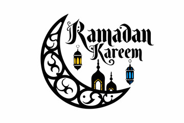 Ramadan Mubarak Paper Cut Vector Design with Arabic Calligraphy, Crescent Moon, Mosque, and Lanterns - Islamic Festival Banner and Poster Illustration