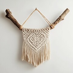 Handcrafted Macrame Wall Art: Elegant beige design with natural wood elements, perfect for home decor or artistic display.