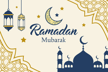Ramadan Mubarak Paper Cut Vector Design with Arabic Calligraphy, Crescent Moon, Mosque, and Lanterns - Islamic Festival Banner and Poster Illustration