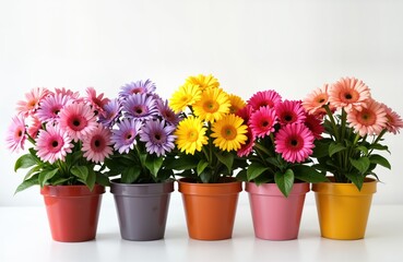 Colorful flower arrangements in different colored pots. Spring flowers like gerbera daisies add vibrancy. Perfect decorative piece for home gift. Lovely bouquet display. Great for kitchen table decor