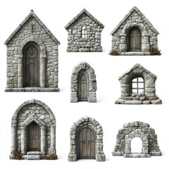 Fototapeta premium Collection of Stone Structures: Detailed Illustrations of Artistic Doorways and Windows for Design Use