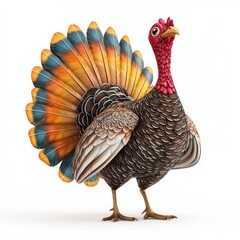 Turkey with colorful tail feathers fanned out, isolated on a clean white background