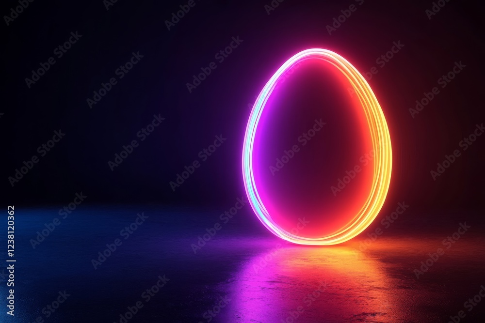 Wall mural 3d render, abstract neon background with glowing lines in easter egg shape on black background.