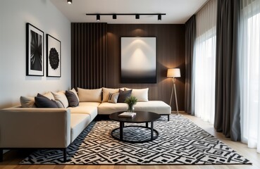 Fototapeta premium Modern living room interior. Contemporary design with neutral color palette. Beige sectional sofa, black coffee table. Stylish black, white patterned rug. Dark brown wooden wall panels. Large windows