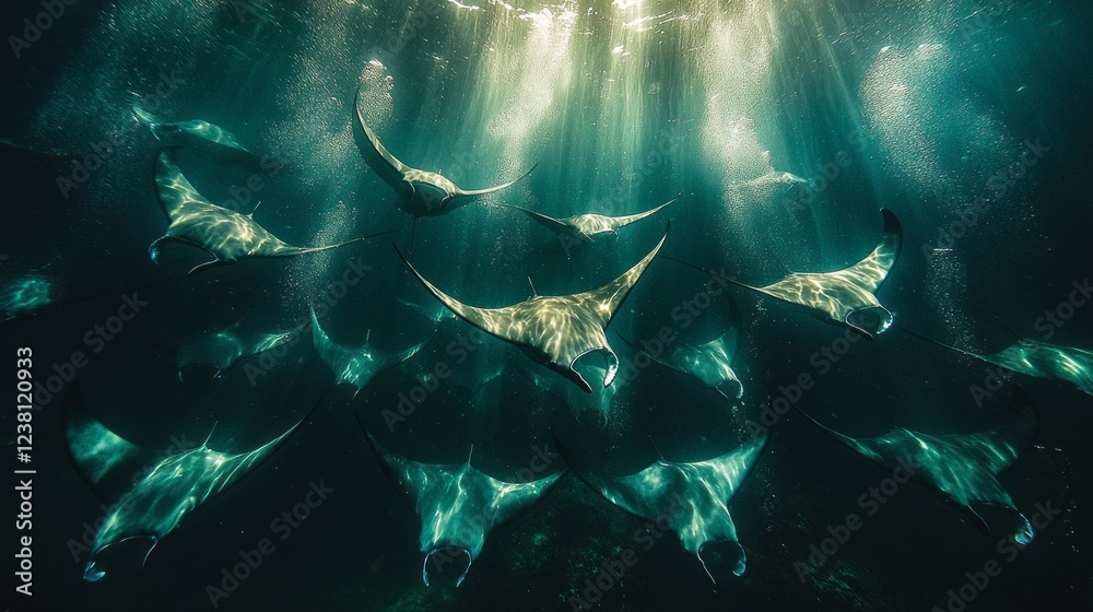 Poster graceful manta rays glide through warm sunbeams, their wings undulating softly as they navigate the 