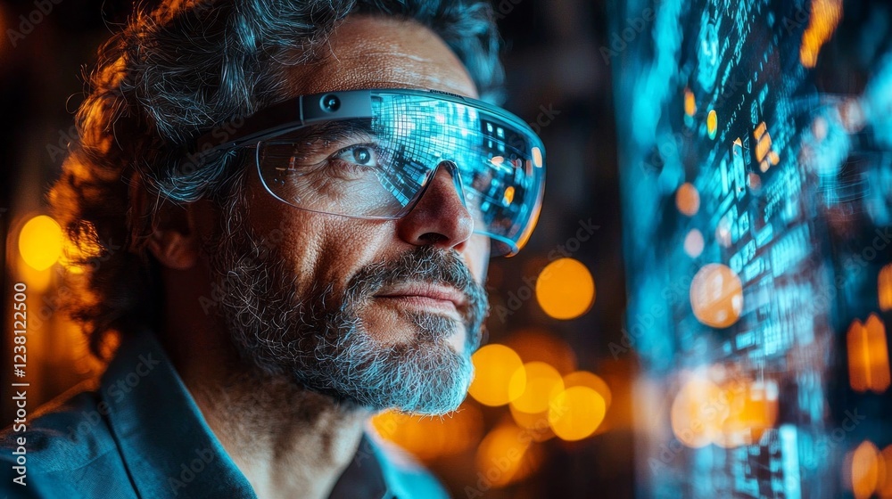 Poster in an urban space illuminated by twilight, a professional wearing augmented reality glasses intently