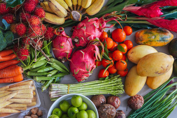 A set of fresh tropical vegetables and fruits purchased at a local Asian market