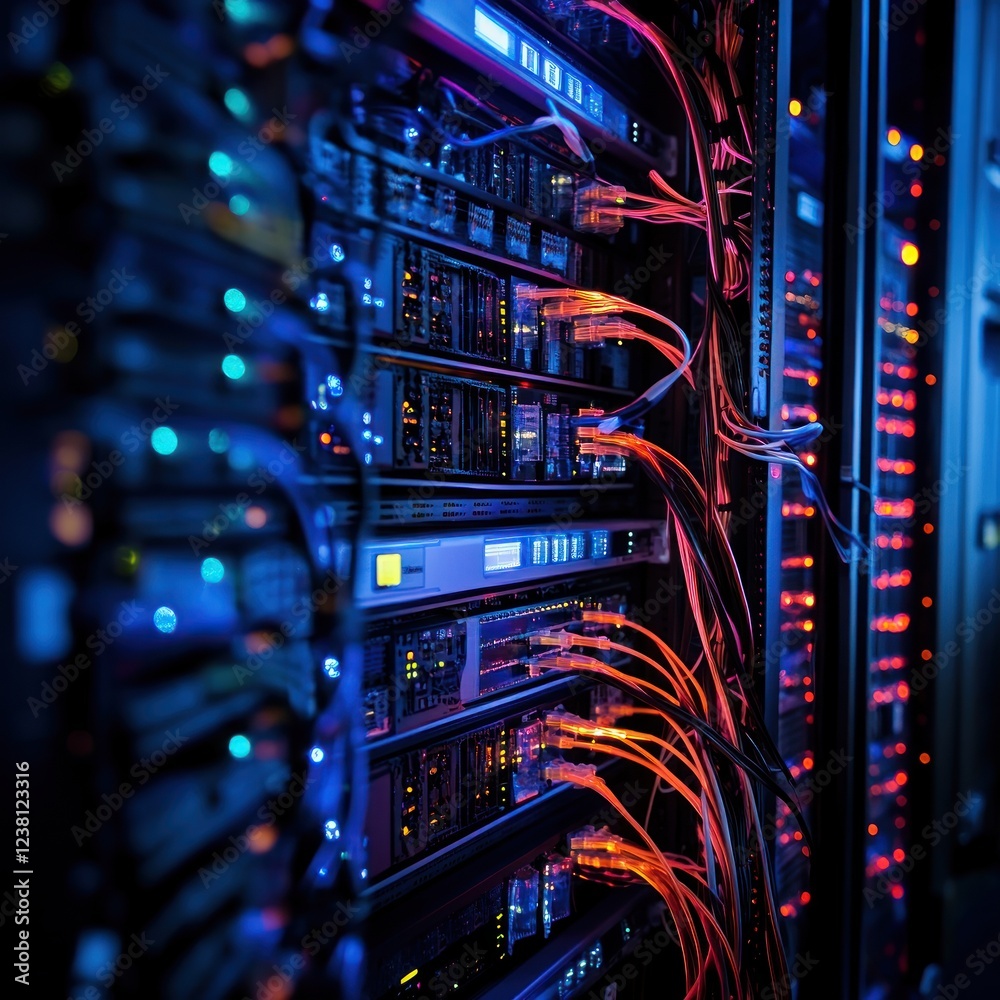Leinwandbilder Abstract View of Data Center Servers with Colorful Lights and Wires in a High-Tech Environment