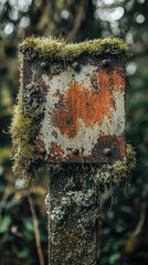 Weathered Metal Sign Covered in Moss and Rust in Forest Setting