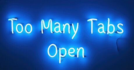 Electric neon letters spelling Too Many Tabs Open glowing in deep blue against a dark background, humorously capturing the feeling of mental overload and digital chaos